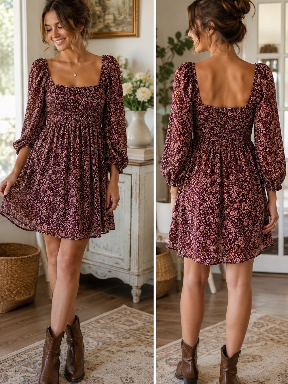Lily Rose Burgundy Floral Square-Neck Mini Dress